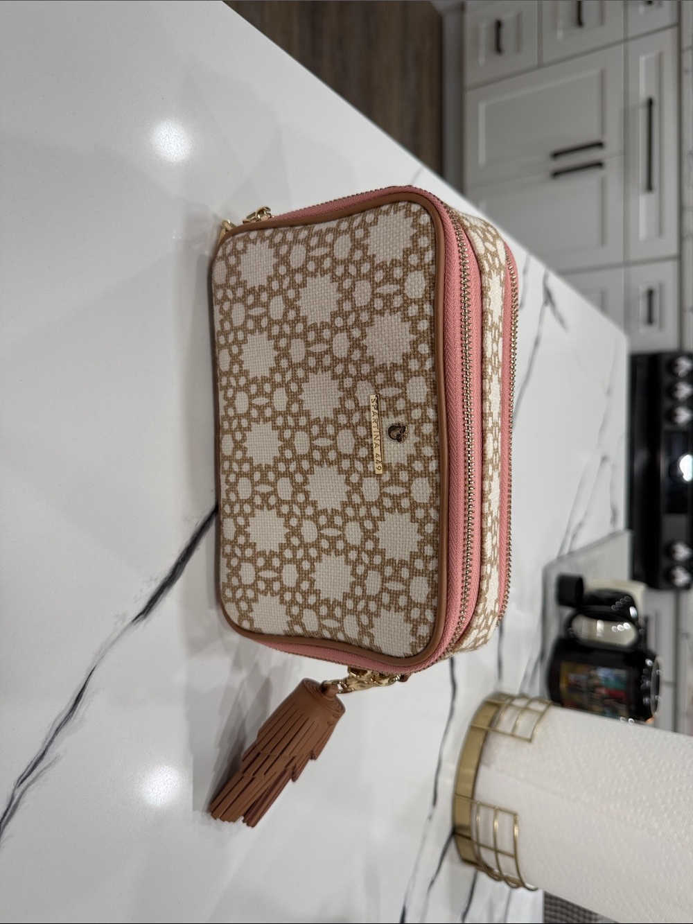 Spartina 449 Beige Logo Crossbody with Pink Trim